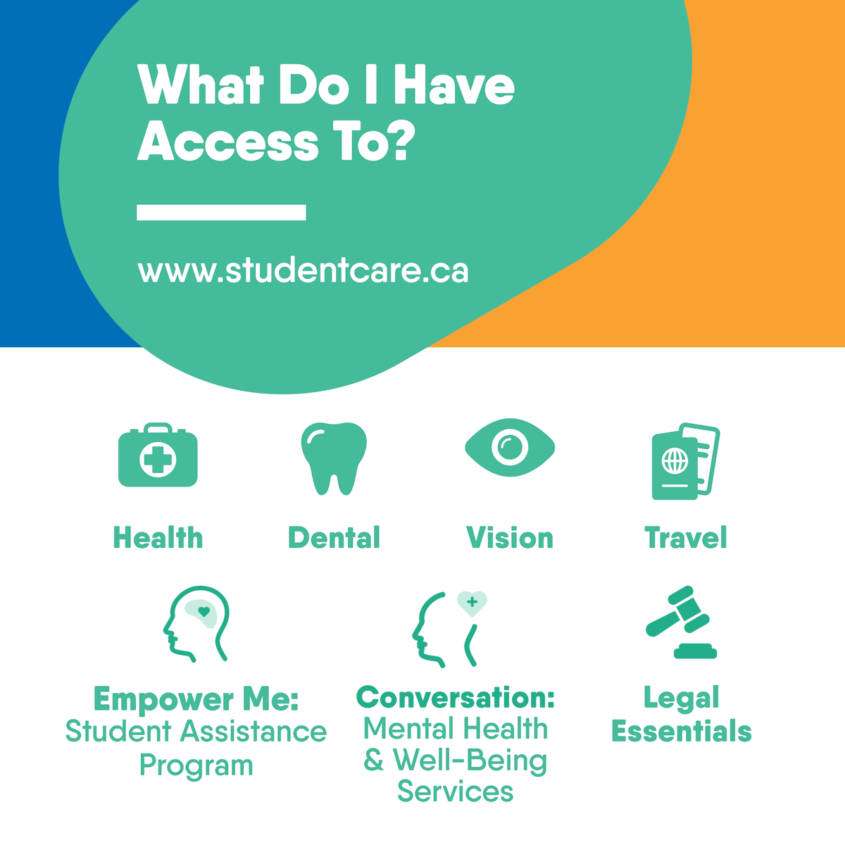Have you checked out your Health &amp; Dental Plan? 🤔  
Your coverage includes health 🏥 , dental 🦷 , vision  👀, and travel  ✈️. 
Visit studentcare.ca for complete coverage and eligibility details.