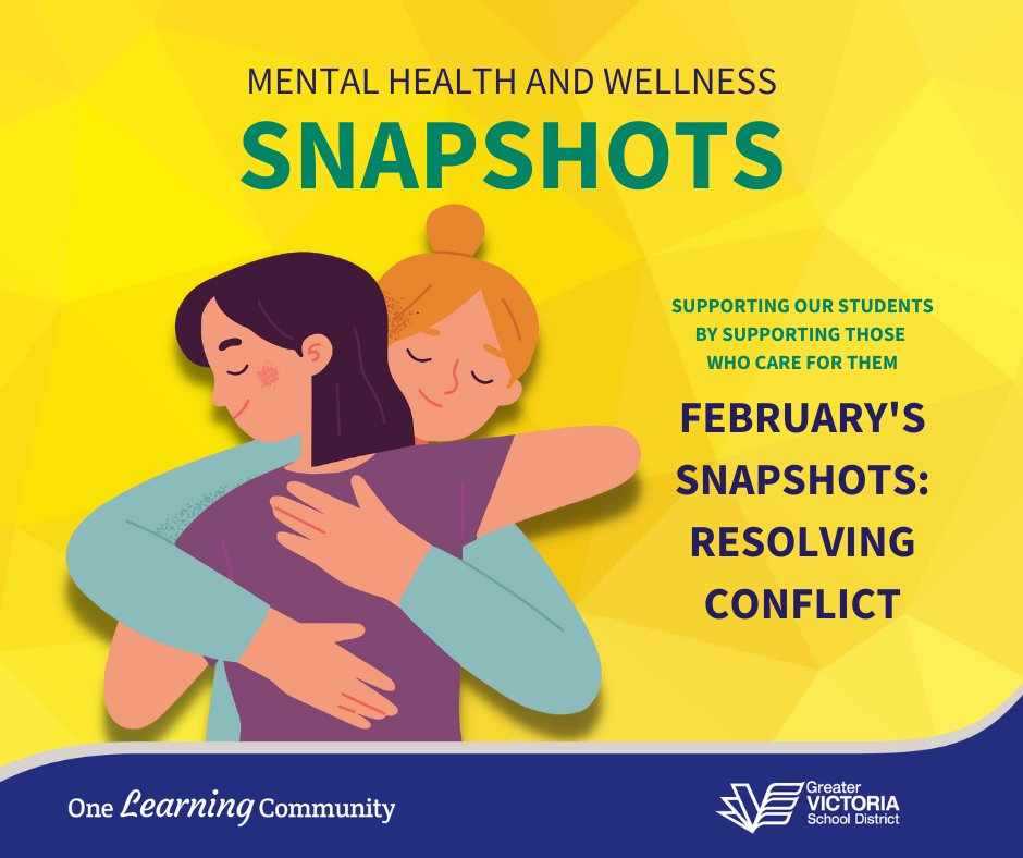 Families seeking resources to support their children’s mental health and wellness can check out our monthly Snapshots. February’s Snapshots focus on resolving conflict in healthy ways. 
K-5: bit.ly/3HFB2ks
6-8: bit.ly/40AgXok
9-12: bit.ly/3DKoGX1