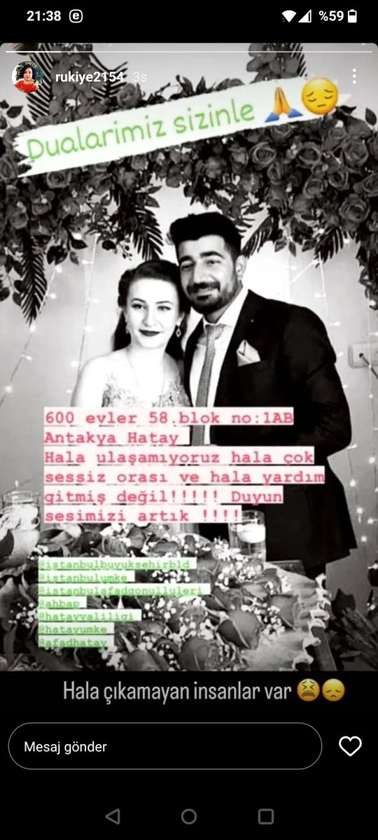 canoguzzz's tweet photo. @PincTivi @AFADBaskanlik Kuzenim ve eşi hala enkaz altında ve abileri o bölgedeler gelen kimse yok ikisi de yaşıyor diyorlar ama kepçe lazım lütfen yardım!!!
Ahmet Aydın: +905434354627
Medeni Aydın: +905433795524 https://t.co/IQDK9DEPyj
