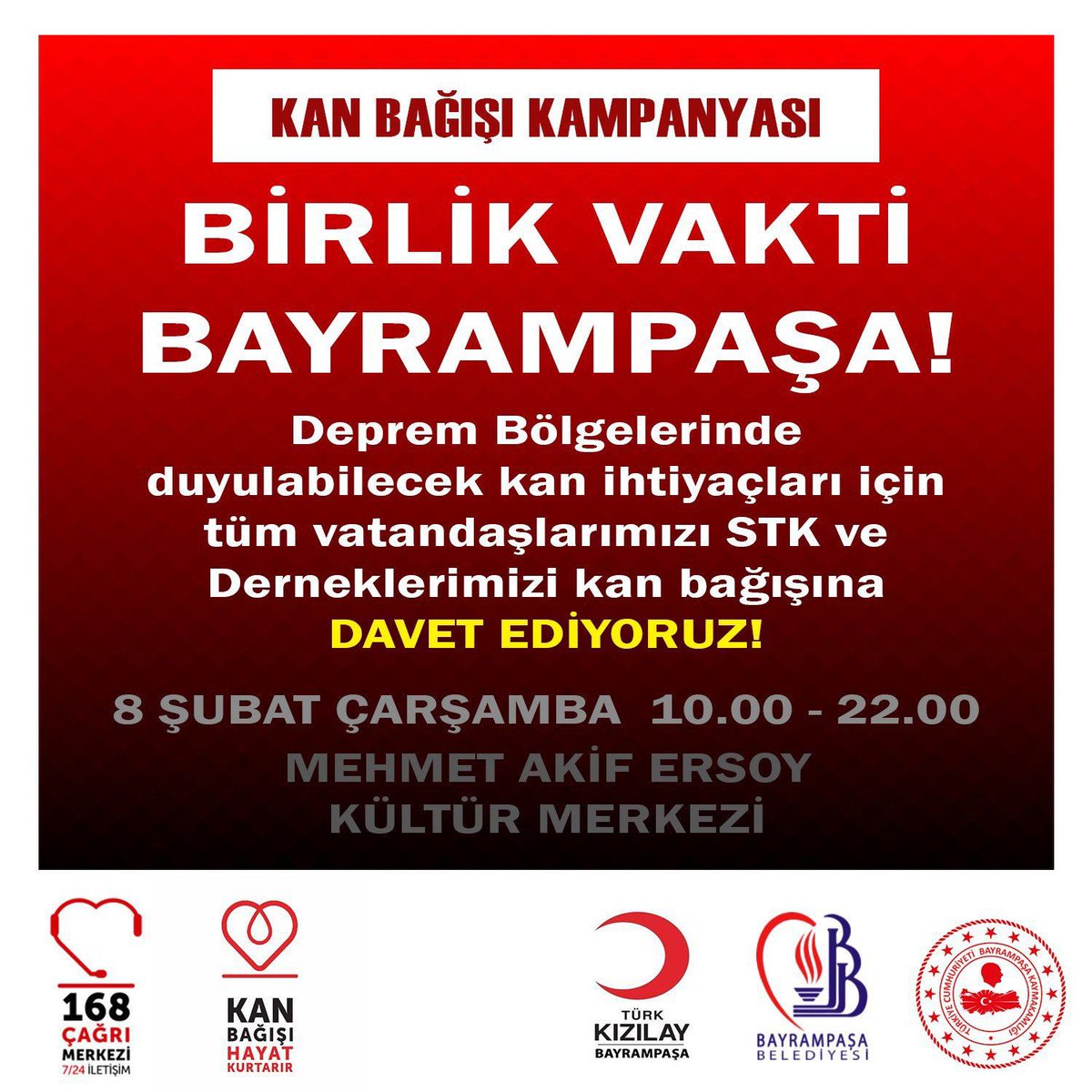 Deprem bölgelerinde duyulabilecek kan ihtiyacına karşı yarın MEHMET AKİF ERSOY KÜLTÜR MERKEZI’NDE olalım. 🙏🏻 

📍 Mehmet Akif Ersoy Kültür Merkezi
⏰ 10:00 - 22:00
🗓️ 8 Şubat Çarşamba