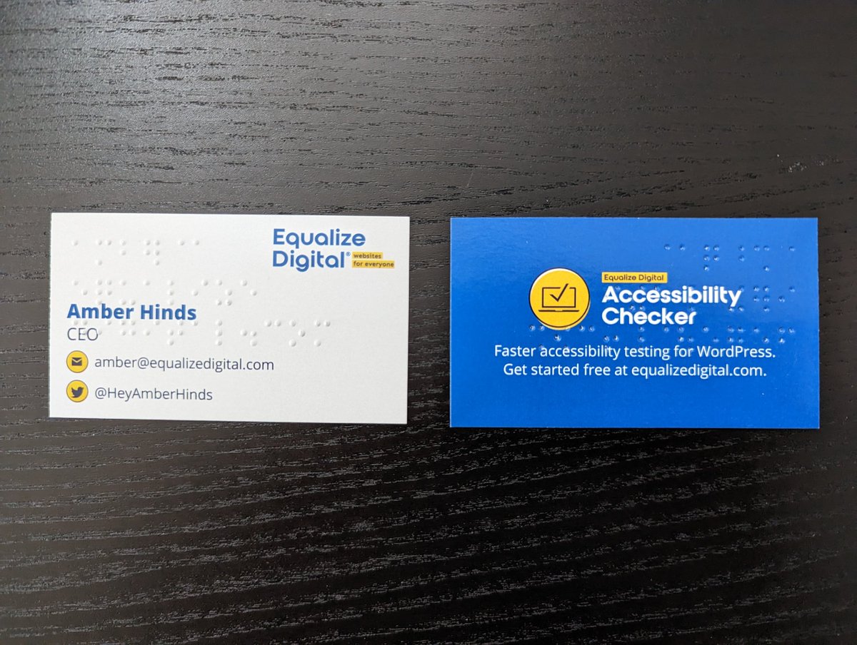 heyamberhinds's tweet image. We found a company to Braille our business cards! That's my email address in Braille on the card.

Now when I go to #AccessU and other events this year my cards will be helpful for everyone.

#a11y #braille