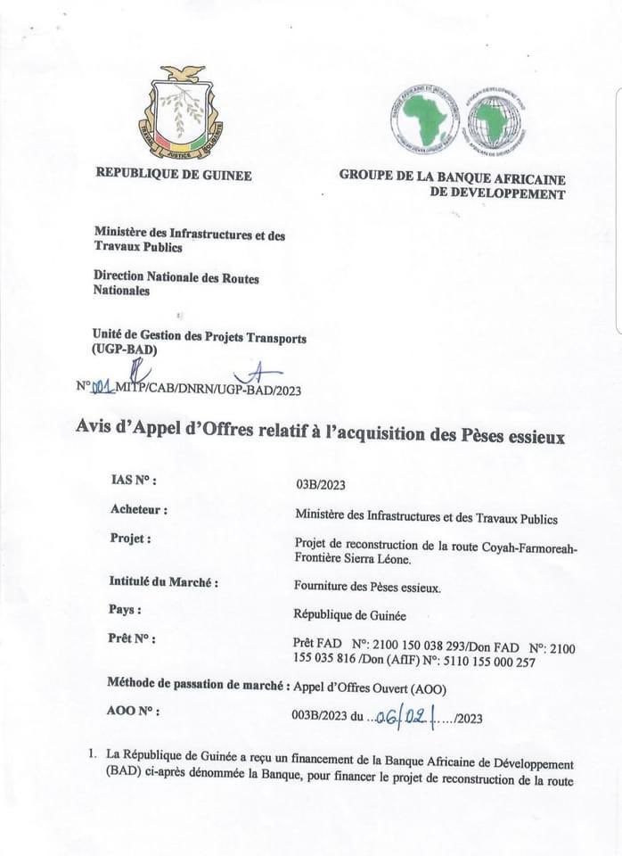 MTP_GN's tweet photo. Route Coyah-Forecariah-Pamelap: Avis d'appel d'offres relatif à l'acquisition des Pèses essieux⤵️
#MITP #Essieu #TP https://t.co/GjxTEHPAAX