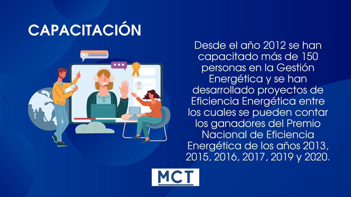 MCT_ESCO's tweet photo. Desde el año 2012 se han capacitado más de 150 personas en la #GestiónEnergética y se han desarrollado proyector de #eficienciaenergetica entre los cuales se pueden contar los ganadores del Premio Nacional de Eficiencia Energética desde el año 2013 

Info: https://t.co/ixCmvIUg7E https://t.co/cT7uJChjoQ