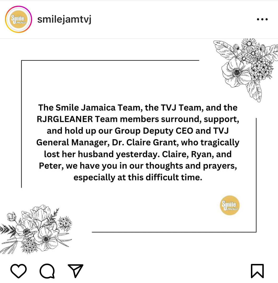 simclarkecooper's tweet photo. Praying for you, the boys, your family at this unimaginably difficult time. Your RJRGleaner family is holding you up, and rallying around you, @TVJGM. We are here ❤️ https://t.co/2FAWb8y6af