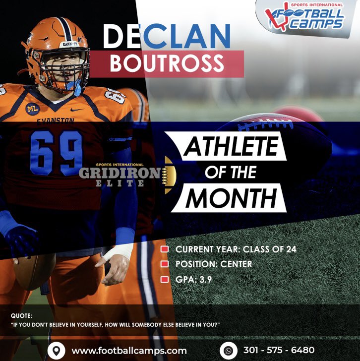 Declan Boutross is our Feb Athlete of the Month! Declan resides in Evanston, Illinois and attended our lineman academy in MN last June! He’ll head into his Senior year as the starting center for his school &amp; the future is bright with his 3.9 GPA
#sifootballcamps #trainwiththebest