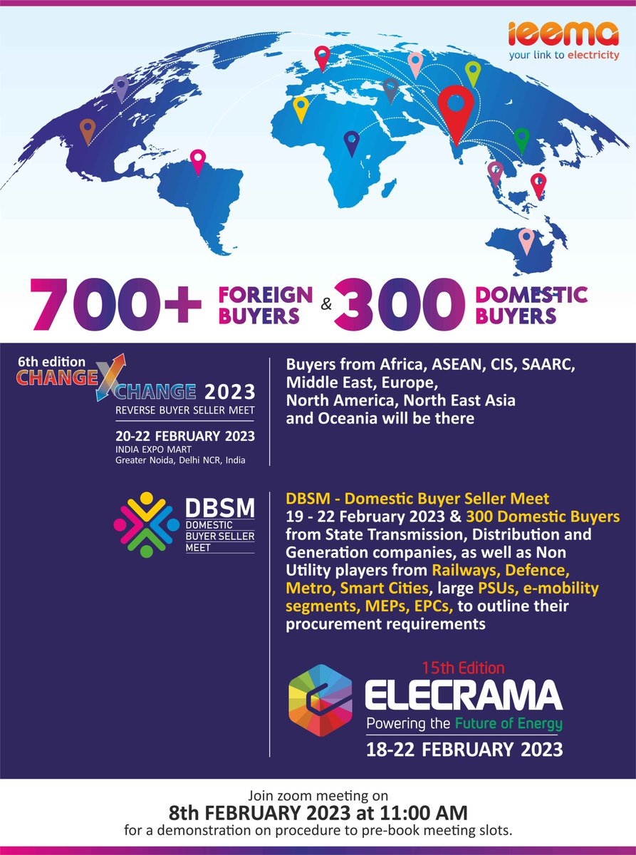 700+ Foreign Buyers from Africa, ASEAN, CIS, SAARC, the Middle East, Europe, North America, North East Asia and Oceania will attend the 6th Reverse Buyer-Seller Meet at ELECRAMA 2023.