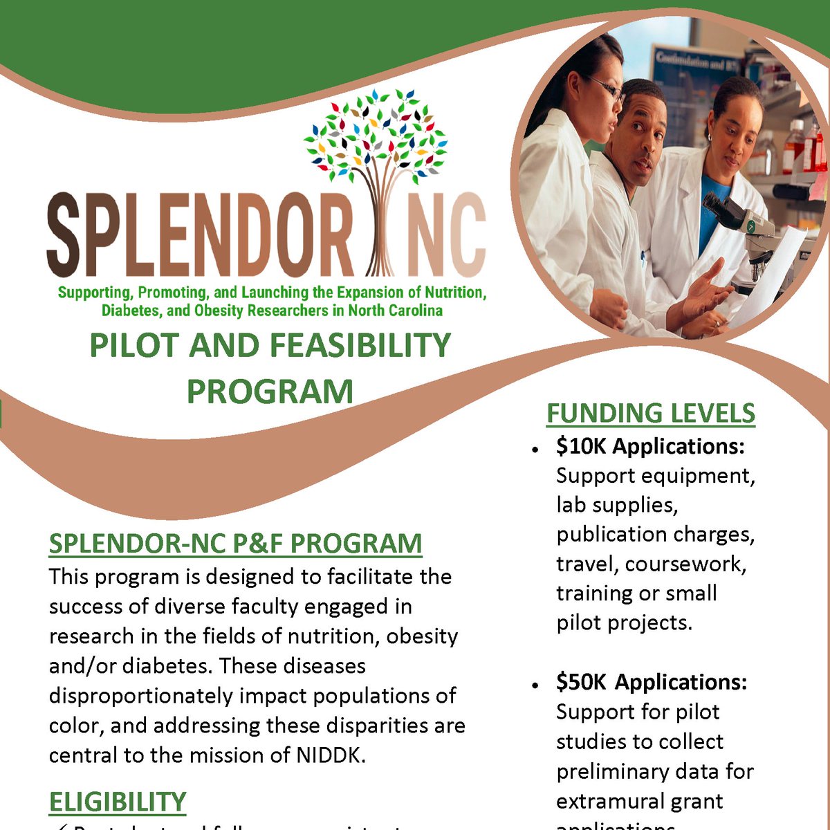 🌟Call for Pilot Award Applications🌟
SPLENDOR-NC will award $10-$50K awards to support research in the fields of nutrition, obesity, and diabetes at <a href="/DukeU/">Duke University</a> <a href="/NCCU/">North Carolina Central University</a> <a href="/ncatsuaggies/">North Carolina A&T</a> <a href="/UNC/">The University of North Carolina at Chapel Hill</a> <a href="/WakeForest/">Wake Forest University</a> <a href="/WSSURAMS/">WSSU</a> Learn more: splendor-nc.org