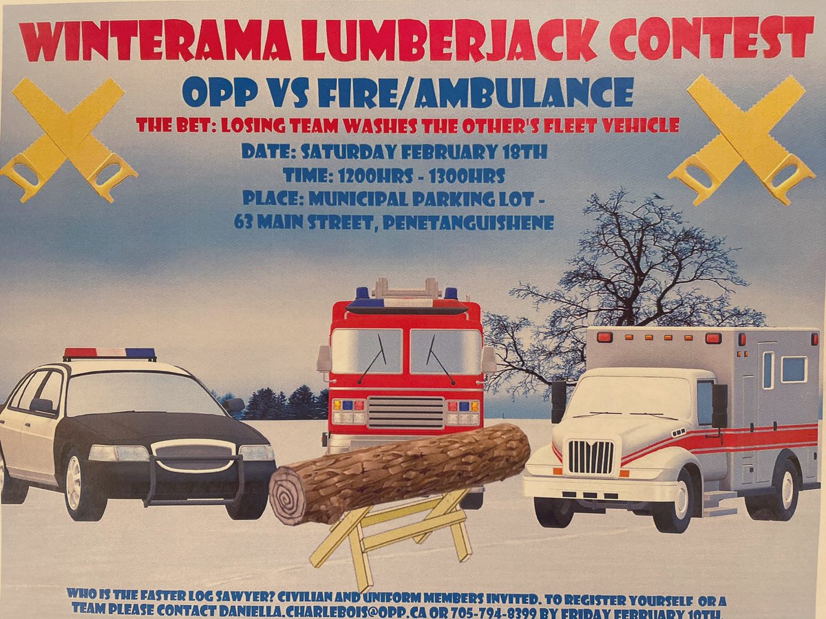 PenetangFire's tweet photo. Come cheer on our Firefighters next Saturday the 18th at noon during the #Winterama lumberjack contest in the @penetanguishene town hall parking lot! We have a friendly wager with @OPP_CR and @simcoecountyPS https://t.co/OjpiZabnEC