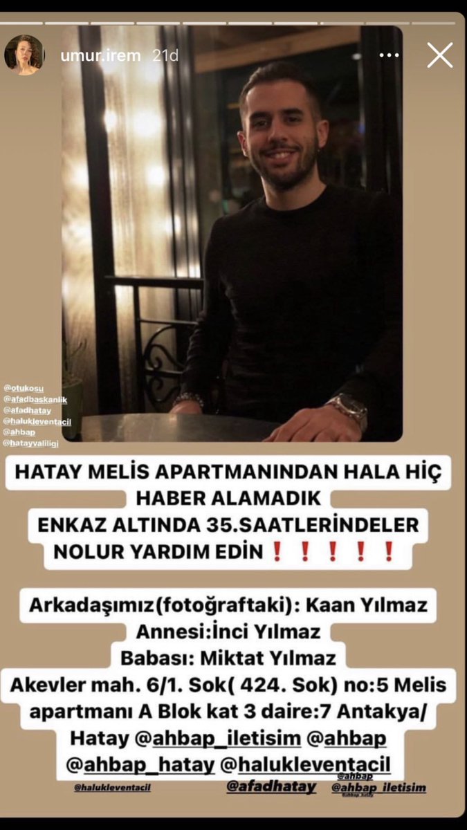 LÜTFEN O BÖLGEDE OLANLAR YARDIMCI OLSUN, İÇERDEN SESLER GELİYORMUŞ ANCAK EKİP YOK DESTEĞE İHTİYACIMIZ VAR. DOKTOR ARKADAŞIM VE AİLESİ 36 SAATTEN FAZLADIR ENKAZ ALTINDA <a href="/ativittta/">Atilla Uslu</a> <a href="/ahbap/">Ahbap</a> <a href="/AFADBaskanlik/">AFAD</a> <a href="/DepremDairesi/">AFAD Deprem</a> <a href="/TC_icisleri/">T.C. İçişleri Bakanlığı</a>