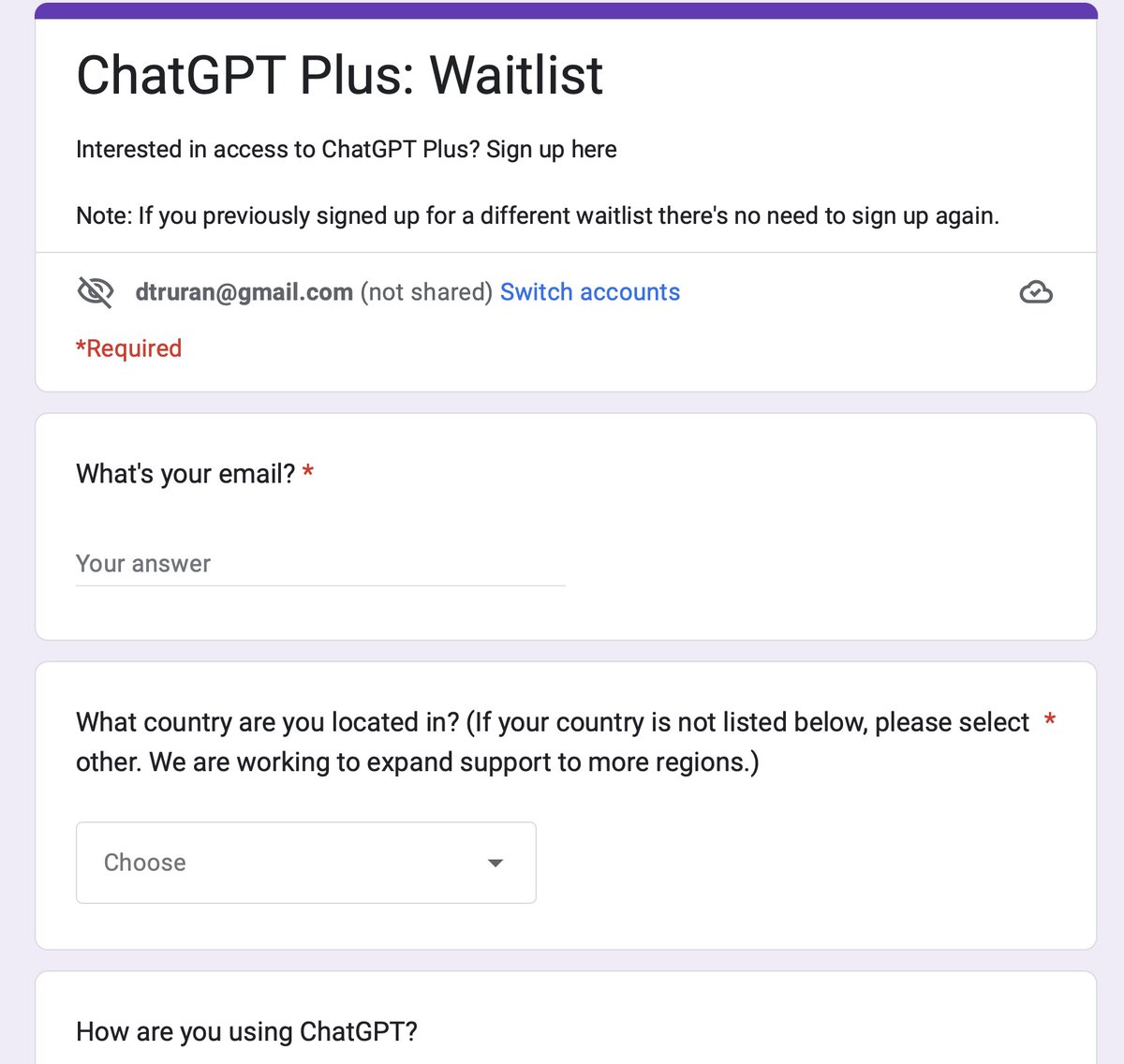 openingvalue's tweet photo. Graciosa la super low tech solution para algo tan innovador como #ChatGPT ¿Quieres ponerte en lista de espera para el servicio premium? utiliza este google form ... más contradiccion entre super innovation y el que ya parece un viejo modelo no puede ser 😉😁 https://t.co/CXSBx8YNny