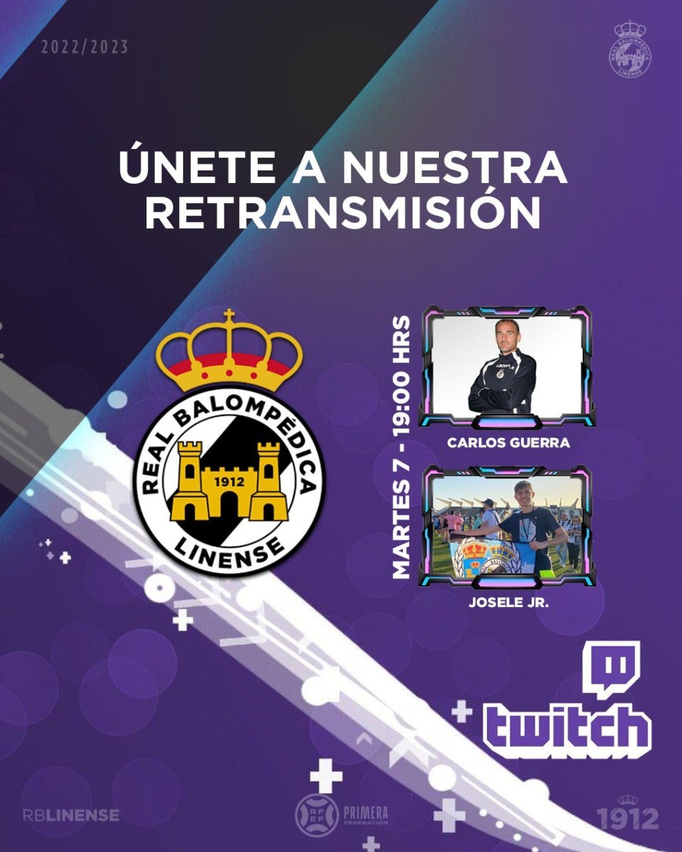 Real Balompédica Linense (@rbl1912) on Twitter photo CANAL DE TWITCH 🟣🖥️
Esta tarde a partir de las 19:00 horas no te pierdas la intervención en nuestro canal de Twitch de <a href="/guerrabalona/">carlos guerra</a> , con la colaboración de @Joselee03_
👉🏻 i.mtr.cool/gxtgwxamro CANAL DE TWITCH 🟣🖥️
Esta tarde a partir de las 19:00 horas no te pierdas la intervención en nuestro canal de Twitch de <a href="/guerrabalona/">carlos guerra</a> , con la colaboración de @Joselee03_
👉🏻 i.mtr.cool/gxtgwxamro