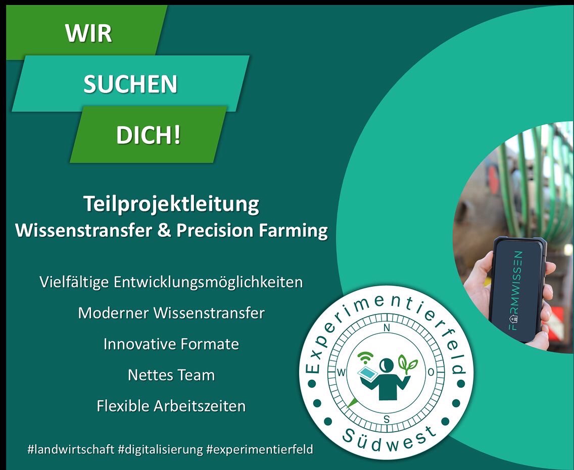 EFSuedwest's tweet photo. Das #Experimentierfeld #Südwest geht in die Verlängerung und dafür suchen wir #dich! 

Bewirb dich jetzt auf unsere freie #Stelle im Bereich "Wissenstransfer &amp; Precision Farming".

Werde Teil unseres #Teams! 

#digitalisierung #stellenangebot #jobsuche #landwirtschaft #bewerbung https://t.co/wq7v6fvfFR