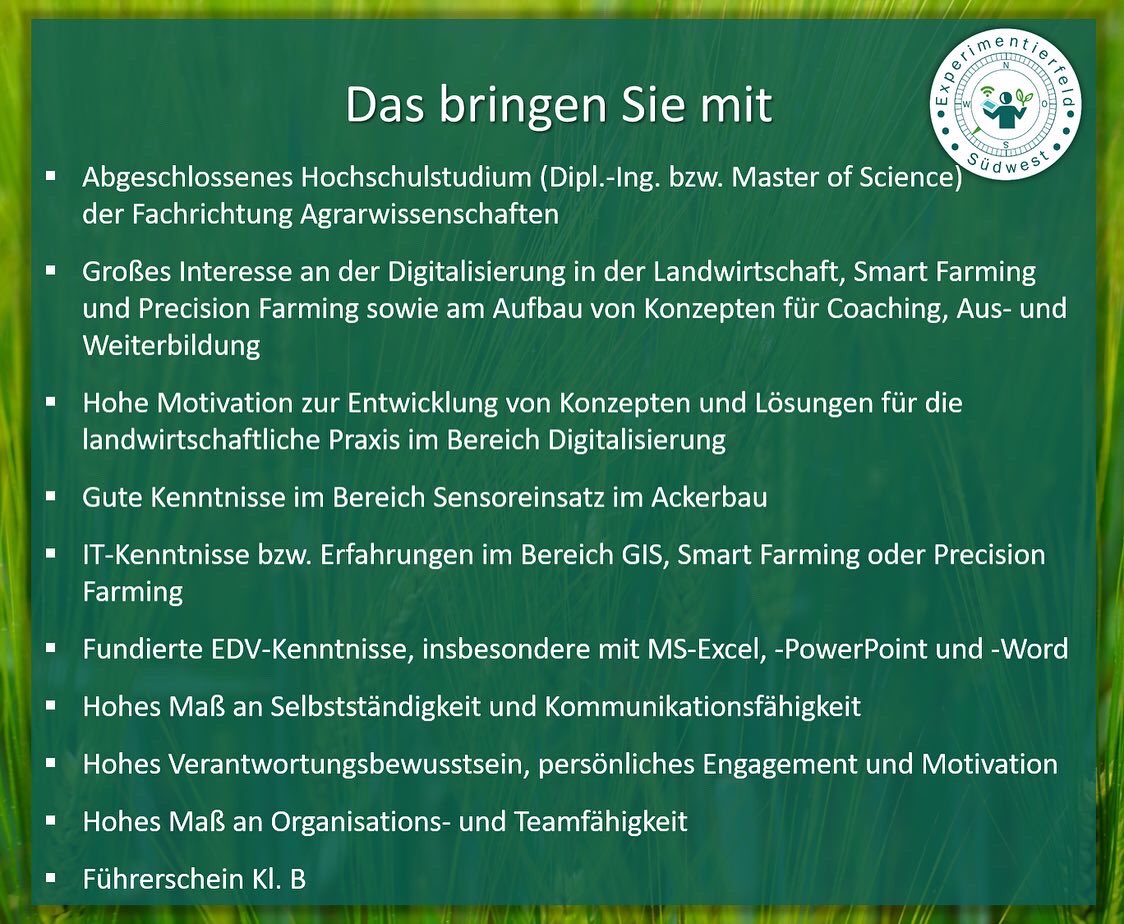 EFSuedwest's tweet photo. Das #Experimentierfeld #Südwest geht in die Verlängerung und dafür suchen wir #dich! 

Bewirb dich jetzt auf unsere freie #Stelle im Bereich "Wissenstransfer &amp; Precision Farming".

Werde Teil unseres #Teams! 

#digitalisierung #stellenangebot #jobsuche #landwirtschaft #bewerbung https://t.co/wq7v6fvfFR