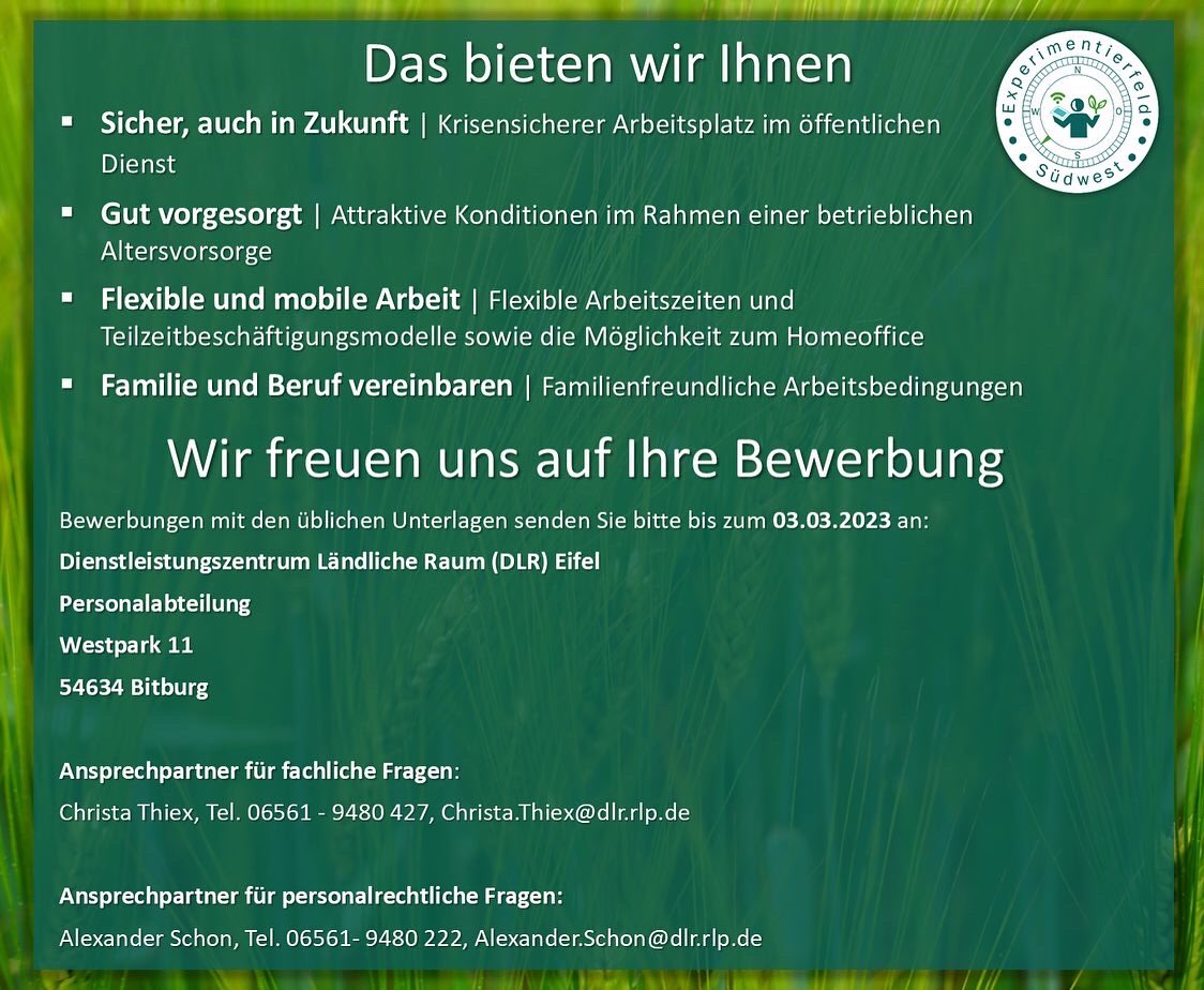 Das #Experimentierfeld #Südwest geht in die Verlängerung und dafür suchen wir #dich! 

Bewirb dich jetzt auf unsere freie #Stelle im Bereich "Wissenstransfer &amp; Precision Farming".

Werde Teil unseres #Teams! 

#digitalisierung #stellenangebot #jobsuche #landwirtschaft #bewerbung