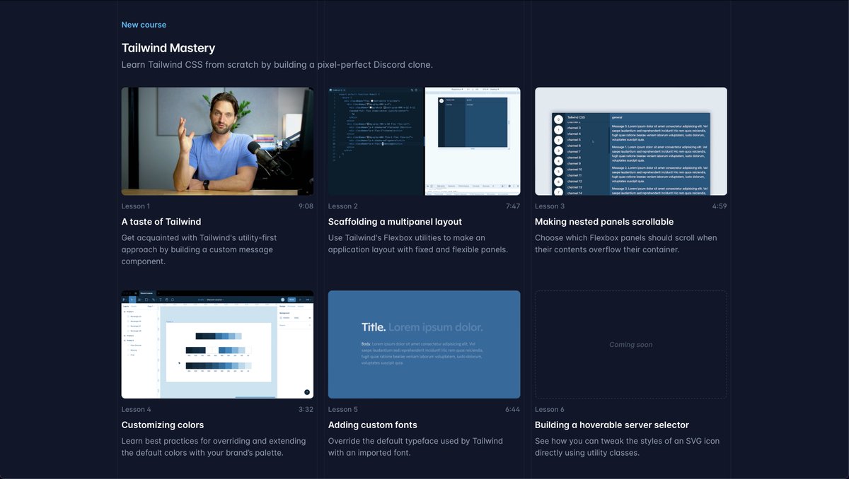 Thrilled to share that we are bringing my 21 lesson, 2 hour 34 minute Tailwind CSS course to Build UI! 🥳

We build a pixel-perfect Discord clone where you'll learn layouts, typography + color customizations, how to work with components, and so much more along the way.
