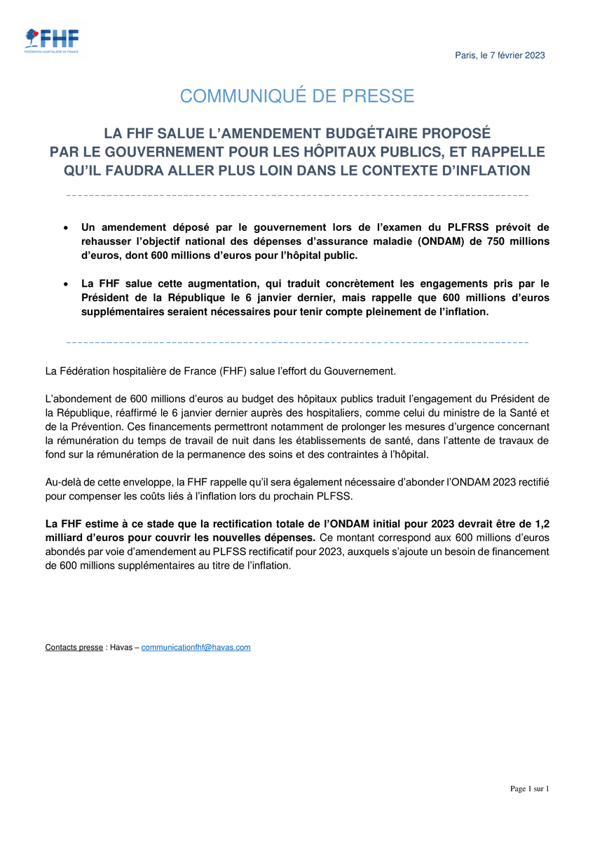 laFHF's tweet photo. [Communiqué] La FHF salue l'augmentation de l'#ONDAM décidée par le @gouvernementFR qui permettra notamment de prolonger les mesures d’urgence #gardes #astreintes #travaildenuit et appelle à prolonger l'effort avec un budget tenant compte de l'inflation #budget https://t.co/wsd4uXNaWP
