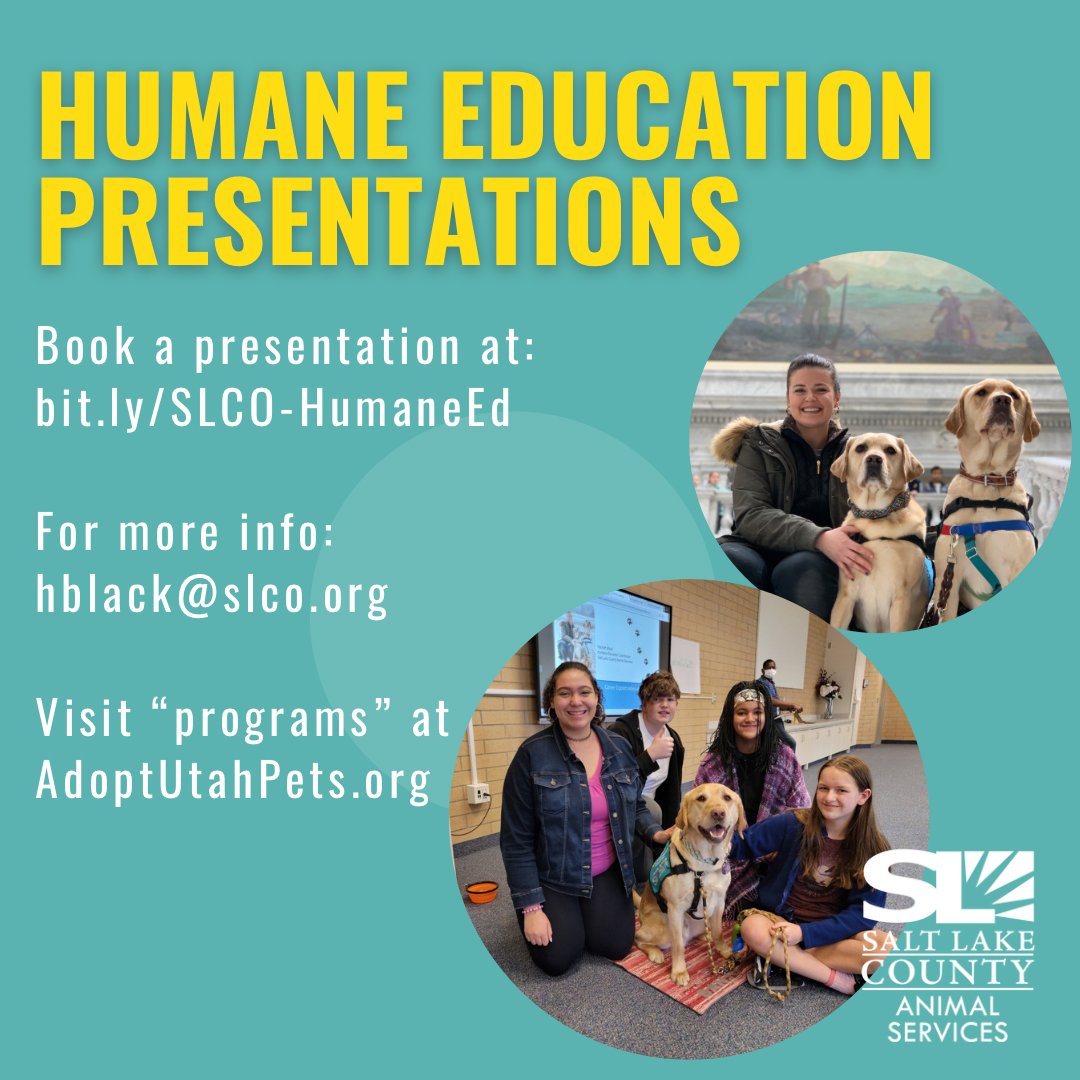 SLCoAnimals's tweet image. Responsibility+Compassion+Safety+Pets = Humane Education. Book your #free presentation if you teach in #slco. ow.ly/xY7A50MLoqy #adoptutahpets #utahteachers #utah #humaneeducation
