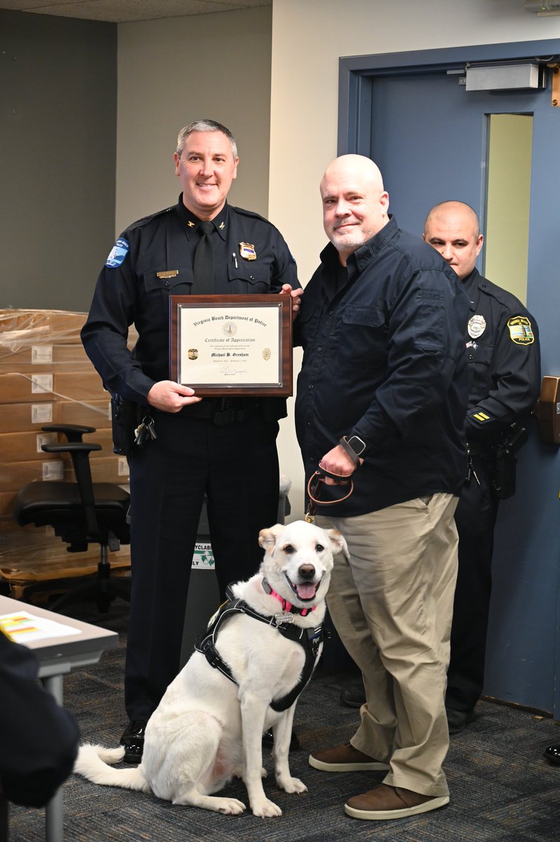 It is with bittersweet sentiment that we bid farewell to Chief Wellness Officer <a href="/michaelbgresham/">Michael B Gresham & Piper</a> (+ Piper) as they enter a new chapter with <a href="/VSPPIO/">VA State Police</a>. We are so grateful for Mike's dedication to the Health &amp; Wellbeing of our officers during his time with the #VBPD.