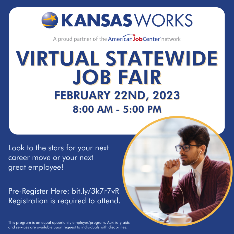 KansasWorkforce's tweet photo. We are just a few weeks away from the next state-wide job fair! These virtual hiring fairs give job-seekers the opportunity to visit and connect with employers all over the state, from a remote setting. Pre-registration is available here: https://t.co/NrHrifMa8L. #kansasworks https://t.co/6FYkg2llgF