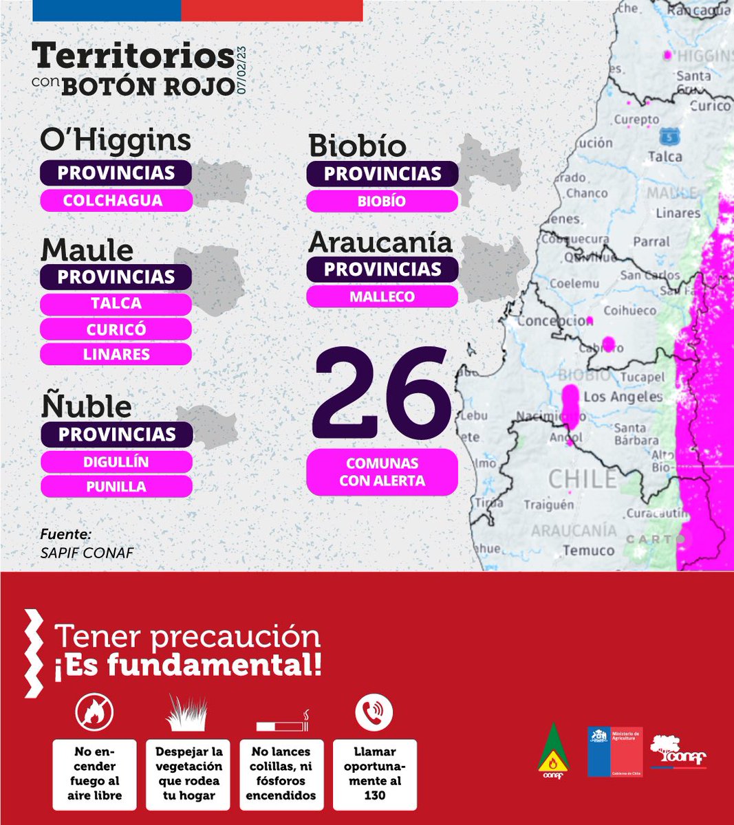 🔴¿Sabes qué es el botón rojo de <a href="/conaf_minagri/">CONAF - Corporación Nacional Forestal</a>?

Permite conocer si existen condiciones favorables para la ocurrencia y propagación de #IncendiosForestales 

👉Revisa aquí las zonas con botón rojo para el día de hoy.

Si ves humo o fuego al aire libre, llama al 📲130 de CONAF