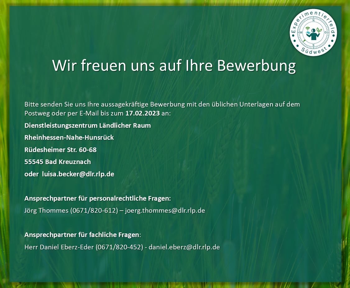 Das #Experimentierfeld #Südwest geht in die Verlängerung und dafür suchen wir #dich! 

Bewirb dich jetzt auf unsere freie #Stelle im Bereich "Projektassistenz &amp; Verwaltung".

Werde Teil unseres #Teams! 

#digitalisierung #stellenangebot #jobsuche #landwirtschaft #bewerbung