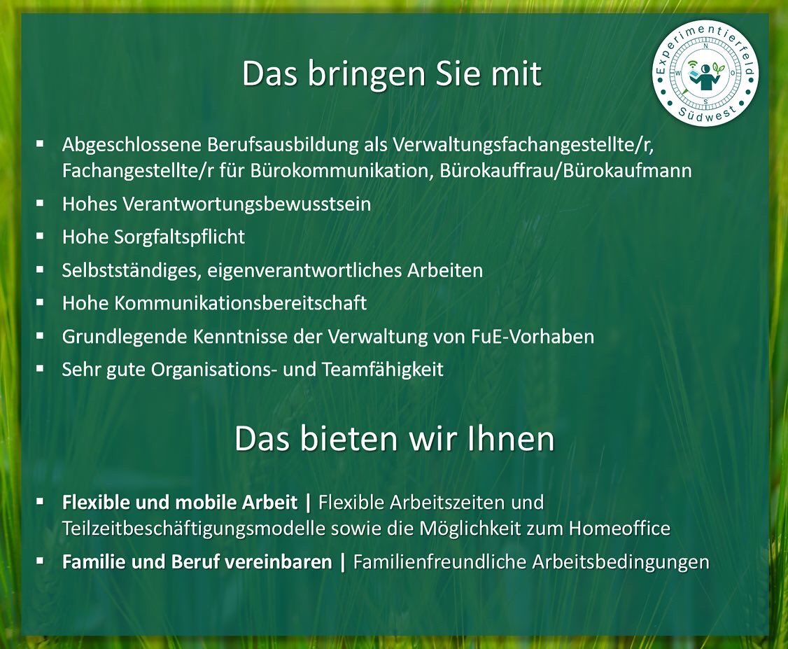 EFSuedwest's tweet photo. Das #Experimentierfeld #Südwest geht in die Verlängerung und dafür suchen wir #dich! 

Bewirb dich jetzt auf unsere freie #Stelle im Bereich "Projektassistenz &amp; Verwaltung".

Werde Teil unseres #Teams! 

#digitalisierung #stellenangebot #jobsuche #landwirtschaft #bewerbung https://t.co/S1710VfxUP