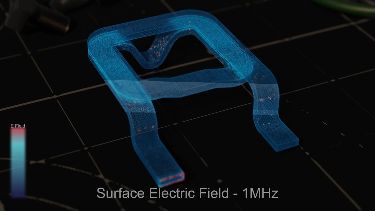 Experimenting with @elmerfem and @Blender ! Below is a simulation of a two-turn inductor at 1MHz. You can see the current is focused on edges and the electric field is between the turns @DanielBogdanoff @hackaday @FreeCADNews #electronics #Simulation #hardware