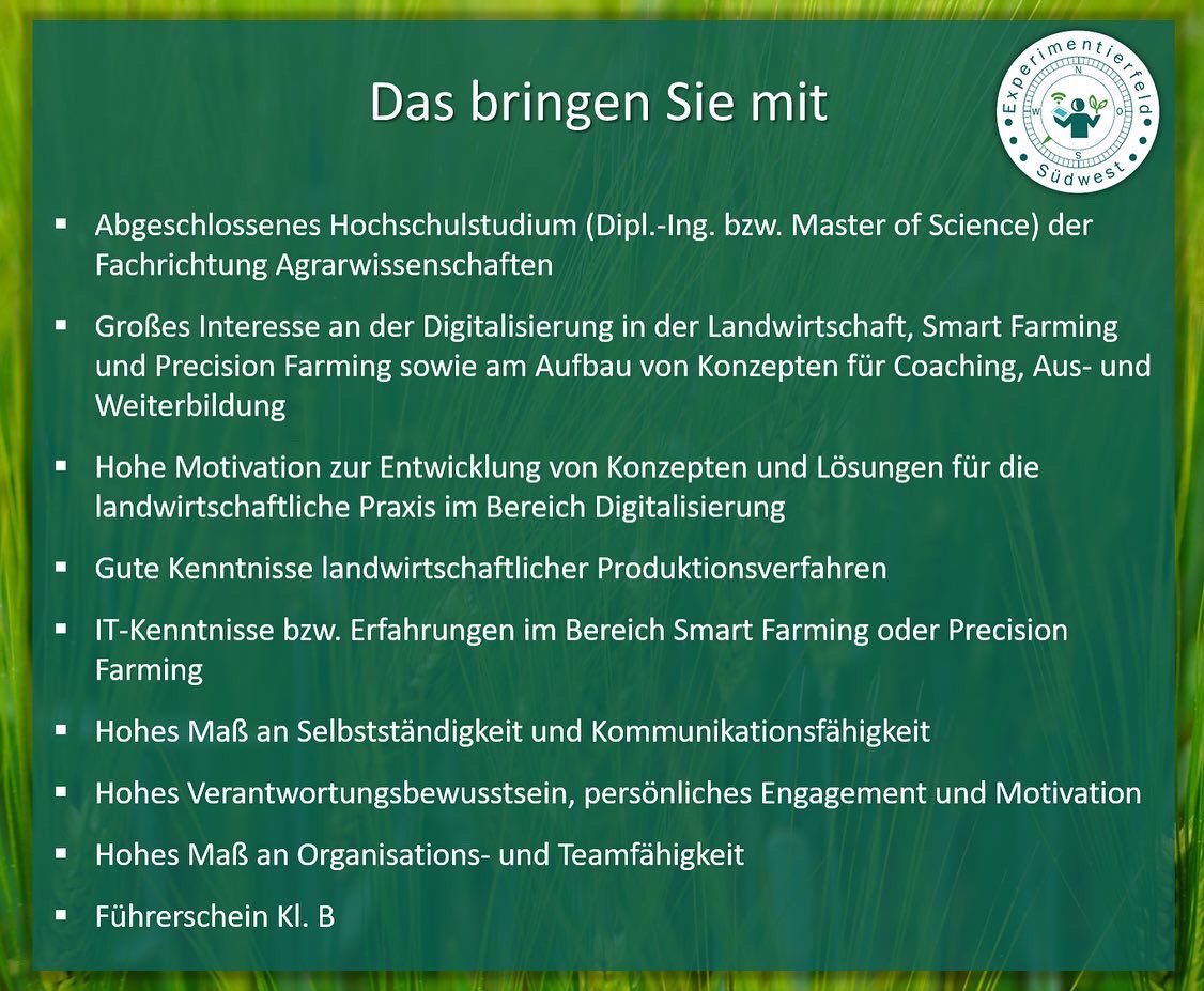 EFSuedwest's tweet photo. Das #Experimentierfeld #Südwest geht in die Verlängerung und dafür suchen wir #dich! 

Bewirb dich jetzt auf unsere freie #Stelle im Bereich "Wissenstransfer &amp; Coaching".

Werde Teil unseres #Teams! 

#digitalisierung #stellenangebot #jobsuche #landwirtschaft #bewerbung https://t.co/1akVe5BCcy