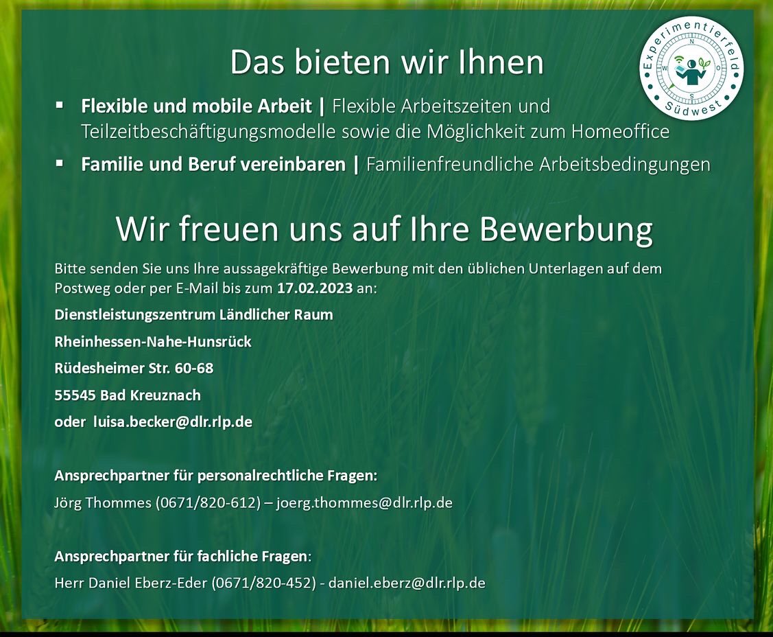 Das #Experimentierfeld #Südwest geht in die Verlängerung und dafür suchen wir #dich! 

Bewirb dich jetzt auf unsere freie #Stelle im Bereich "Wissenstransfer &amp; Coaching".

Werde Teil unseres #Teams! 

#digitalisierung #stellenangebot #jobsuche #landwirtschaft #bewerbung