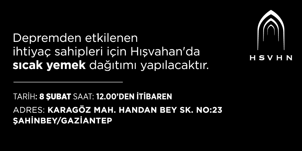 hsvhn's tweet photo. Depremden etkilenen ihtiyaç sahipleri için Hışvahan'da sıcak yemek dağıtımı yapılacaktır.

📅 8 Şubat Çarşamba
⏰ 12.00'den itibaren

📌 Karagöz Mah. Handan Bey Sk. No:23 Şahinbey/Gaziantep

@AFADBaskanlik @ahbap @ozmenun @firinobakery #Gaziantep https://t.co/afaR6hPEEc