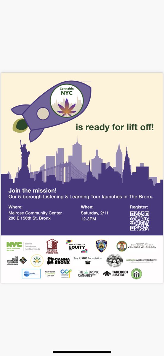 Cannabis NYC is ready for lift off! 

We are excited to join <a href="/DasheedaDawson/">Dasheeda Dawson</a> &amp; all the amazing partners involved at the launch of <a href="/NYC_SBS/">NYC Department of Small Business Services</a> 5-borough Listening &amp; Learning Tour on February 11th from 12 – 3 PM at Melrose Community Center, 286 East 156th St in the Bronx.