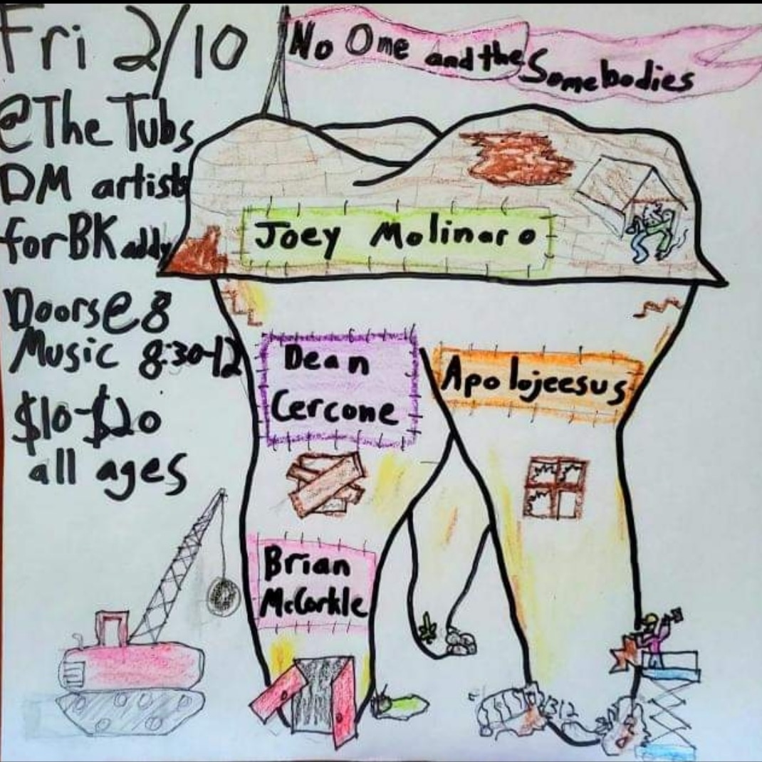 NOATSny's tweet photo. Good News/ Bad News:

Good News: We're playing Friday 2/10 at THE TUBS @thetubs_bk in Bushwick!

No One and the Somebodies 
Joey Molinaro 
Dean Cercone
Apolojeesus
Brian McCorkle

8 PM $10-20 All Ages DM 4 ADDY

As for the Bad News, maybe it's best to have Pedro break it to ya... https://t.co/8VfjWToQXz