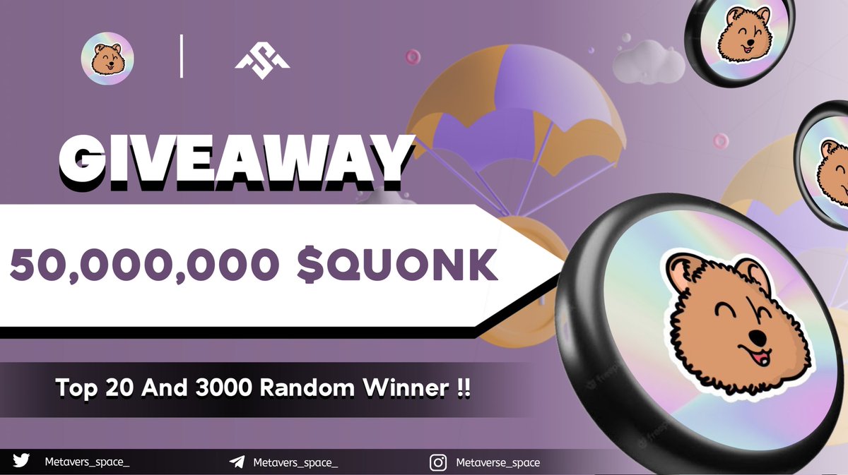 50M $QUONK Airdrop🚀🚀🚀

🏅 Top 1-20 &amp; Random 3000

To Enter ⤵️
✅ Follow <a href="/Metavers_space_/">Bryan Fn</a> 
✅ Like Rt/Tag 5 Frnds
✅ complete all task  👉 gleam.io/X1GKe/quonksol…

4 day⏳
#Giveaway  #Tokengiveway  #airdrop #airdroptoken  #Rendom #sol
