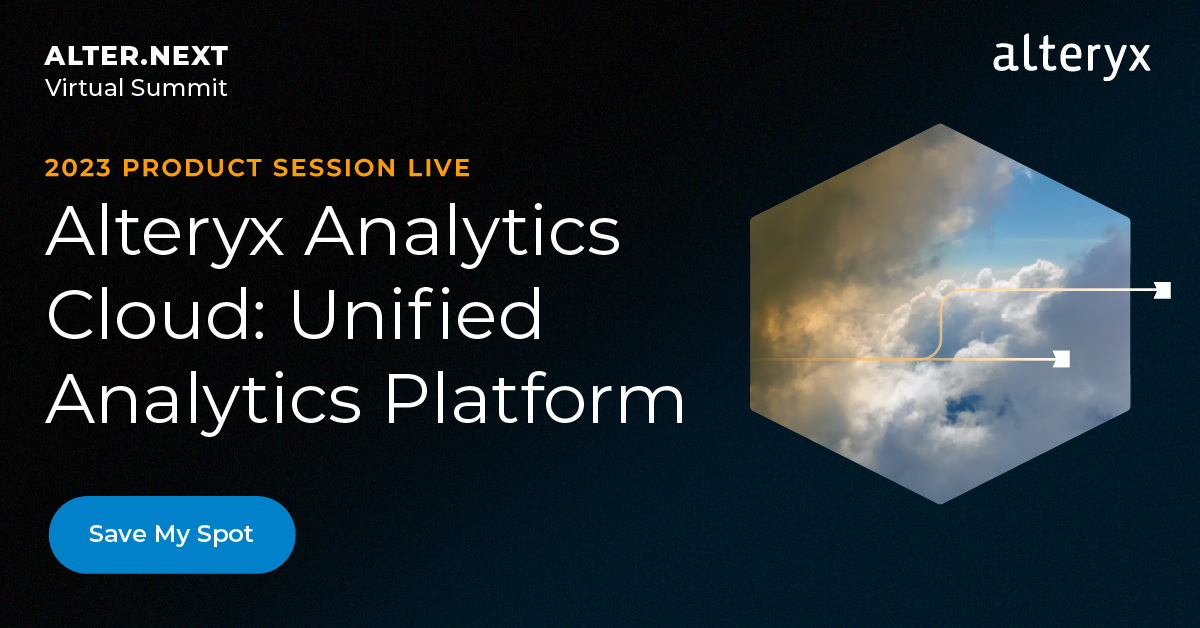 alteryx's tweet photo. What does #UnifiedAnalytics mean for you? Find out in our #AlterNext session—Alteryx Analytics Cloud: Unified Analytics Platform. You'll get end-to-end #CloudAnalytics use cases, including #MachineLearning, #AutoInsights, and #AnalyticsDemocratization.

https://t.co/lNXBWZ2TVX https://t.co/N9iOqTdXzF