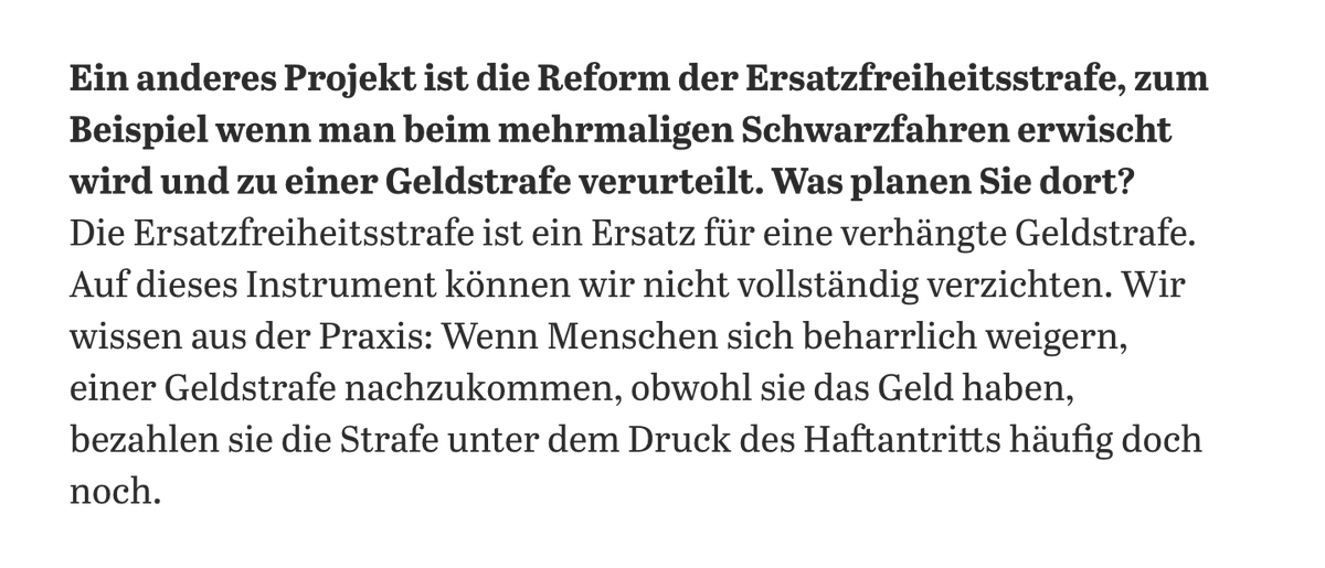 Justice_Berlin's tweet photo. Im Interview mit @Tagesspiegel verbreitet @MarcoBuschmann eine oft wiederholte, fehlerhafte Annahme: Angeblich braucht es die #Ersatzfreiheitsstrafe, um Unwillige zur Zahlung von Geldstrafen zu bringen. https://t.co/nvzPudTT3B