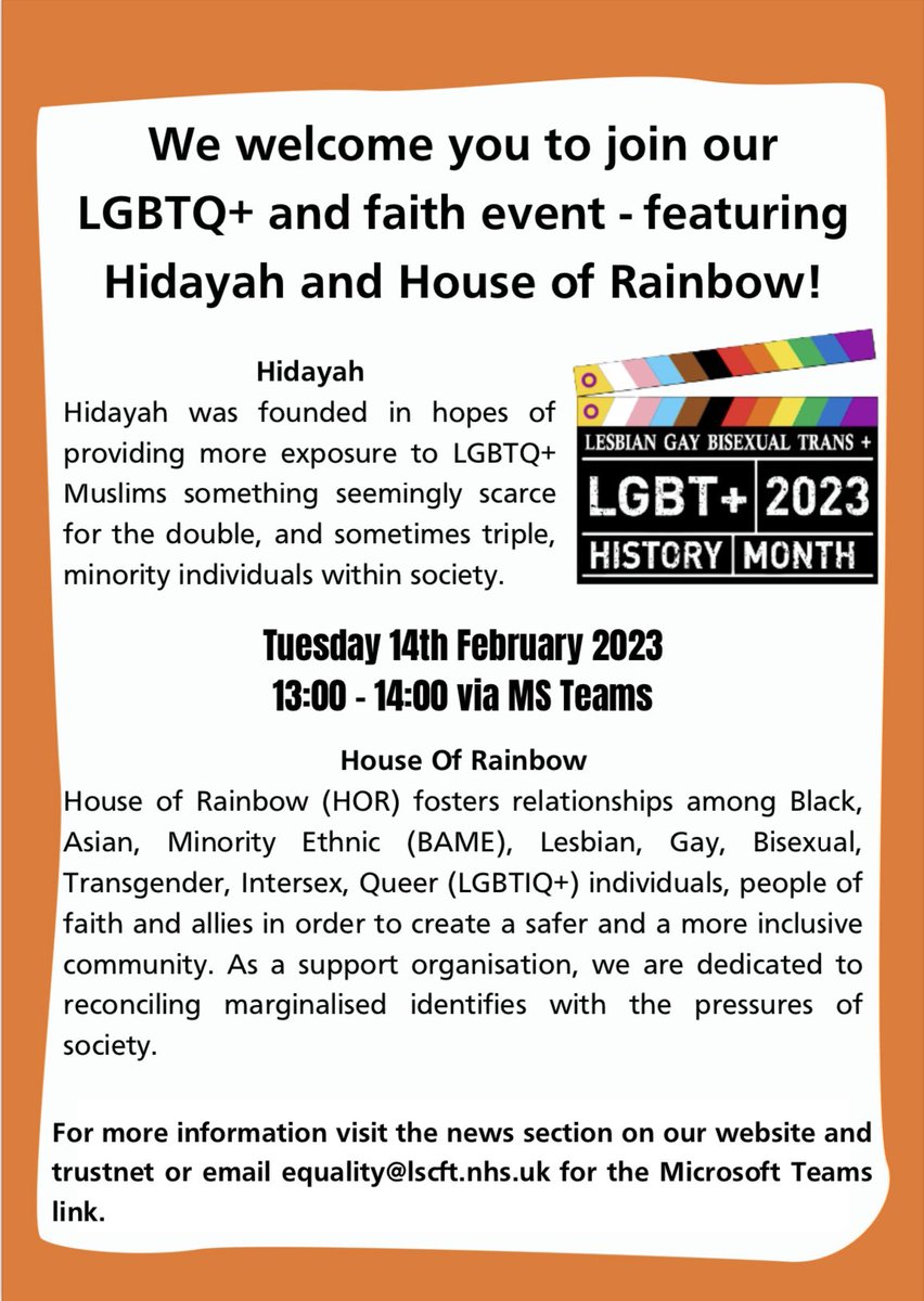 Join this session at <a href="/WeAreLSCFT/">Lancashire & South Cumbria NHS Foundation Trust</a> for LGBT+ History Month next week. Open to everyone! #LGBTHM23 🏳️‍🌈 

Follow this link for more details: LSCFT.nhs.uk/news/join-us-c…

<a href="/HouseOfRainbow/">House Of Rainbow</a>  <a href="/HidayahLGBTQI/">Hidayah</a>