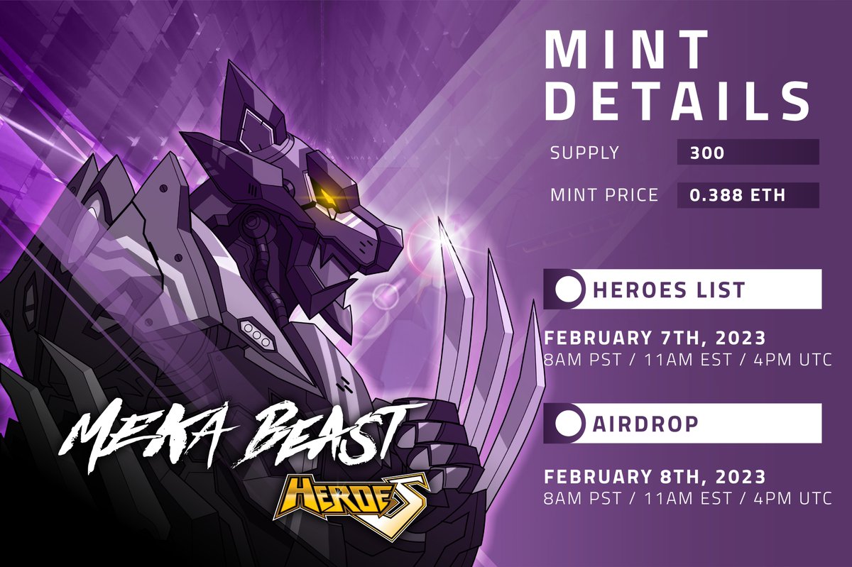 PHASE II ///

HEROES List mint begins now!

mekabeast.io/waitlist

Those on HEROES List will have 24 hours. 

#wearebeasts