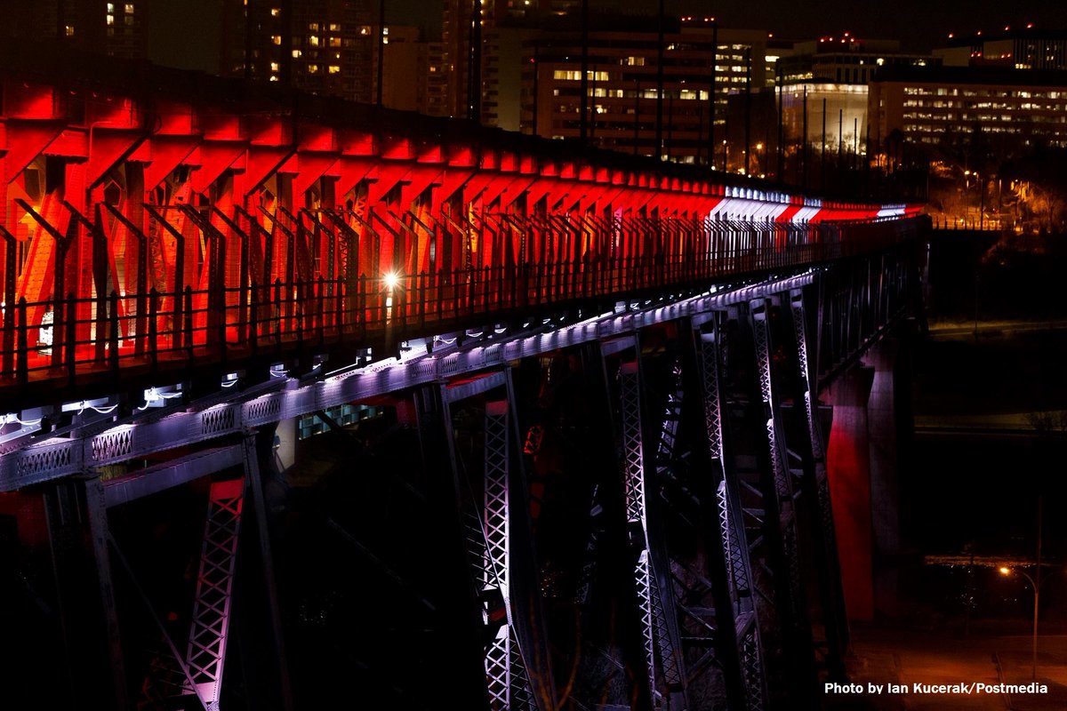 Moving east into Alberta, Edmonton's High-Level Bridge will be joining #canadalitredforchd this evening! Thank you @cityofedmonton for supporting people living with #CHD! Share your photos &amp; tag <a href="/cchaforlife/">cchaforlife</a>. #CCHAweraiseourhandsforCHD #CHDAwarenessWeek #LightTheBridge