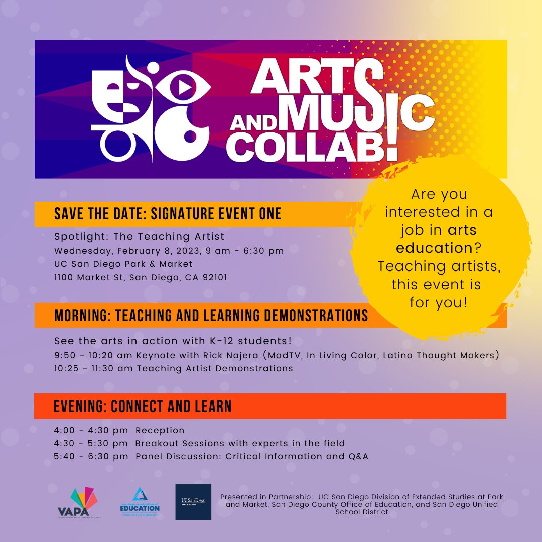 Join us TOMORROW, WEDNESDAY, FEBRUARY 8 @UCSDPark_Market for our first signature event, Spotlight: The Teaching Artist! If you are an artist interested in a job in arts education, this event is for you!