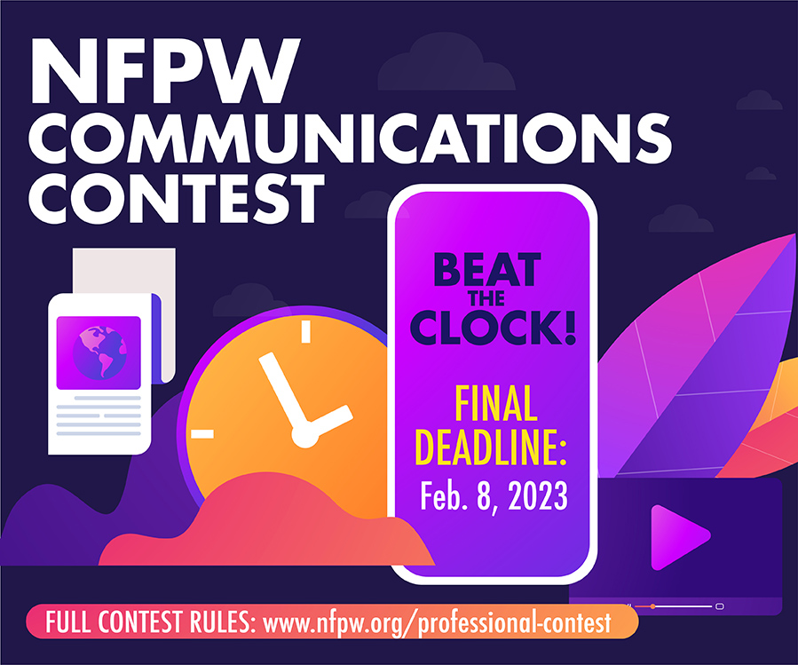 You have until tomorrow at noon to get those entries in! Start working on them now so we can answer any questions you might have! This is your last chance for the 2023 contest! Visit nfpw.org/professional-c… for more information.