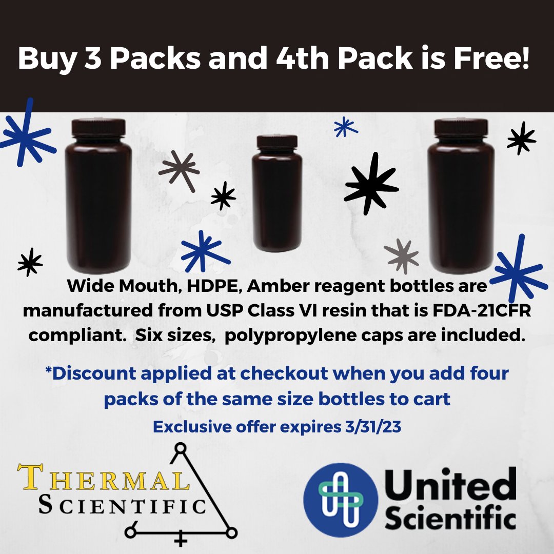 Exclusive Promotion! Buy 3, Get 4th Pack Free on Wide Mouth Amber Bottles from United Scientific. When you purchase 3 (of the same size) packs, your 4th pack is free! ow.ly/cMNN50Mzcw5 #labsupplies #unitedscientific #sciencesupply #labequipment #amberbottles #chemistry