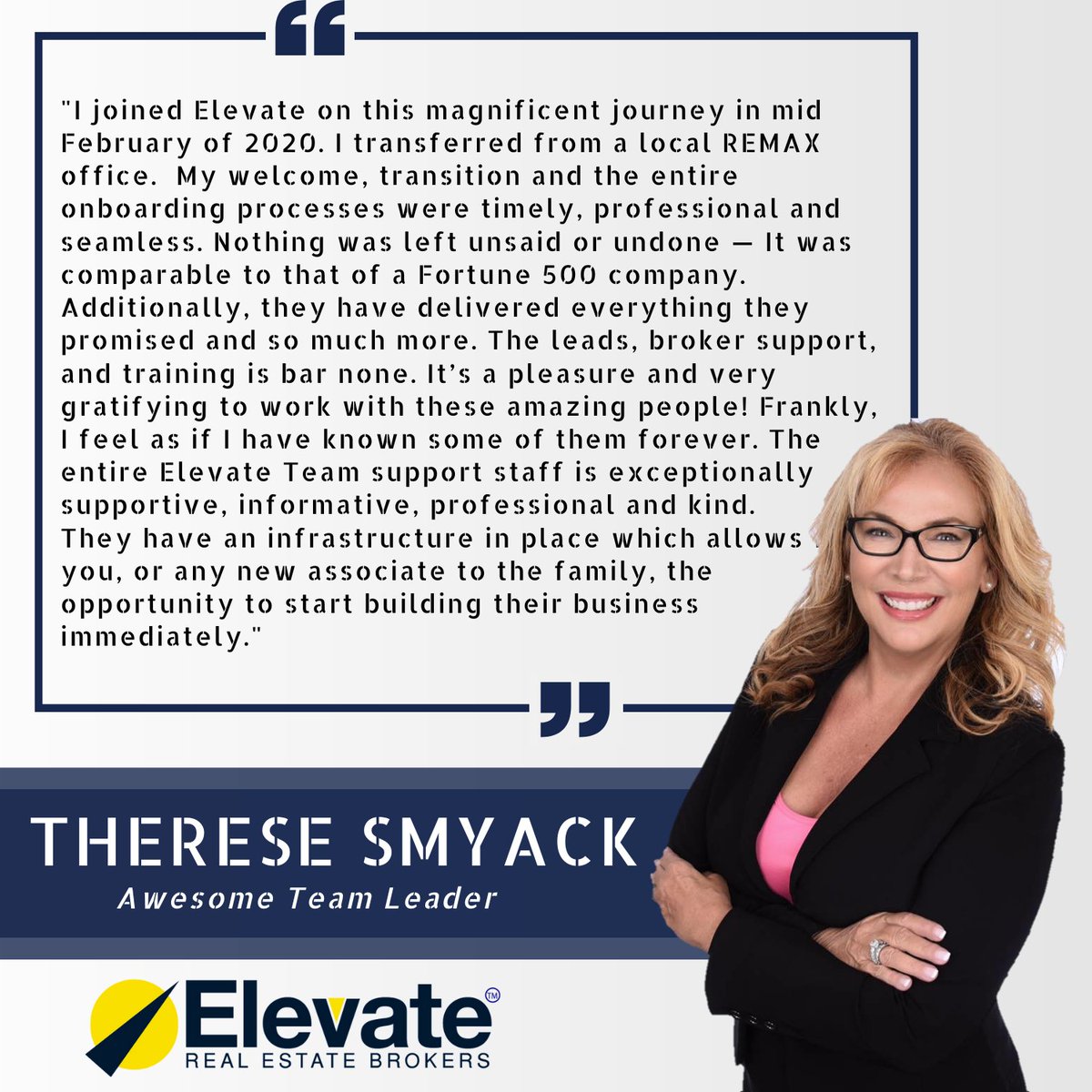 ElevateBrokers's tweet photo. We are so excited to share with you this testimonial from Therese Smyack, one of our #SouthFlorida Team Leaders and Top Producers, as she celebrates her third year with #Elevate this month! Happy Elevarsary, Therese Smyack!

We are so proud to be working alongside the best! https://t.co/TTMPzVLOkU
