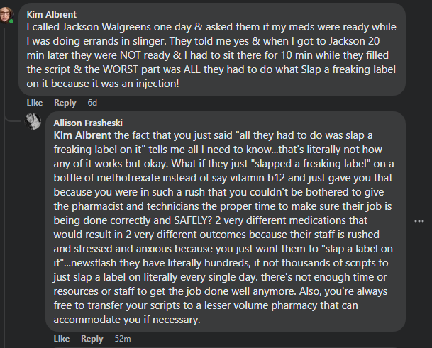 KAlbrent's tweet photo. People need to start doing themselves a favor &amp; Find a different Pharmacy this is their answer to lying about meds being ready! SEE how they say just go somewhere else if you don't like it!  FYI I DID! The worst part is I have to drive past @Walgreens to leave my subdivision! https://t.co/6yKqP9YYOI