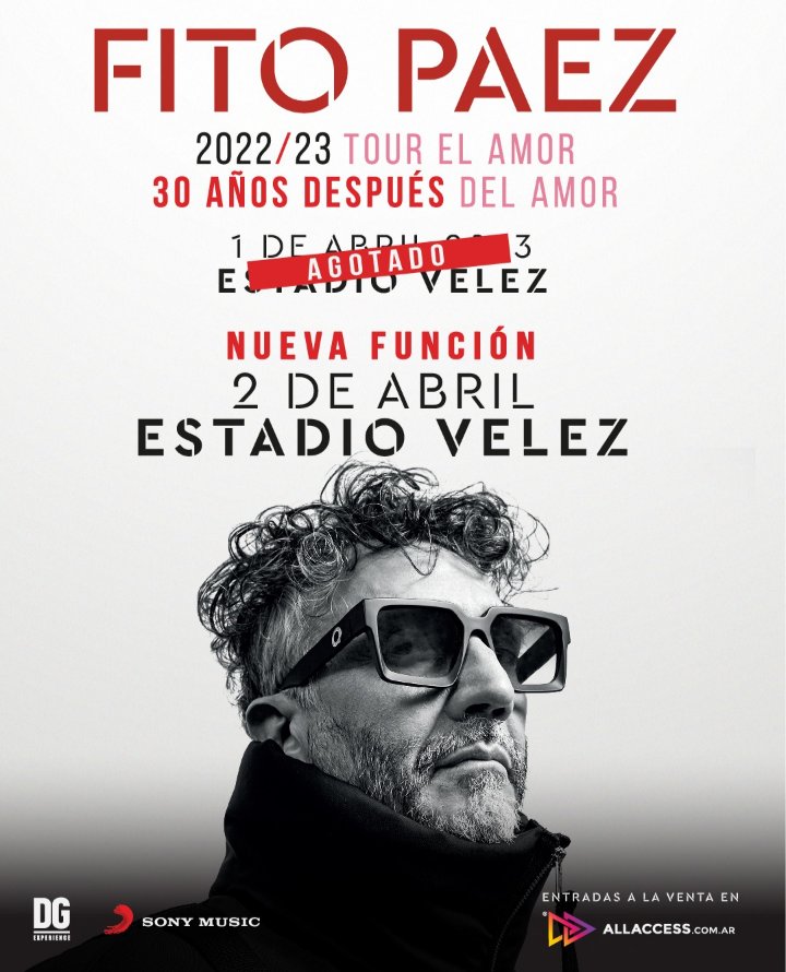 RockAndBall's tweet photo. 🚨NUEVA FUNCIÓN🚨
Fito Paez anunció la segunda fecha en el estadio de #Velez el domingo 2 de abril en el marco del Tour "El Amor 30 Años Después Del Amor" 💣
La primera función prevista para el 1 de abril está AGOTADA 🔥🔥🔥
#EADDATOUR
#FitoEnVelez https://t.co/Ik4kZ6RLOD