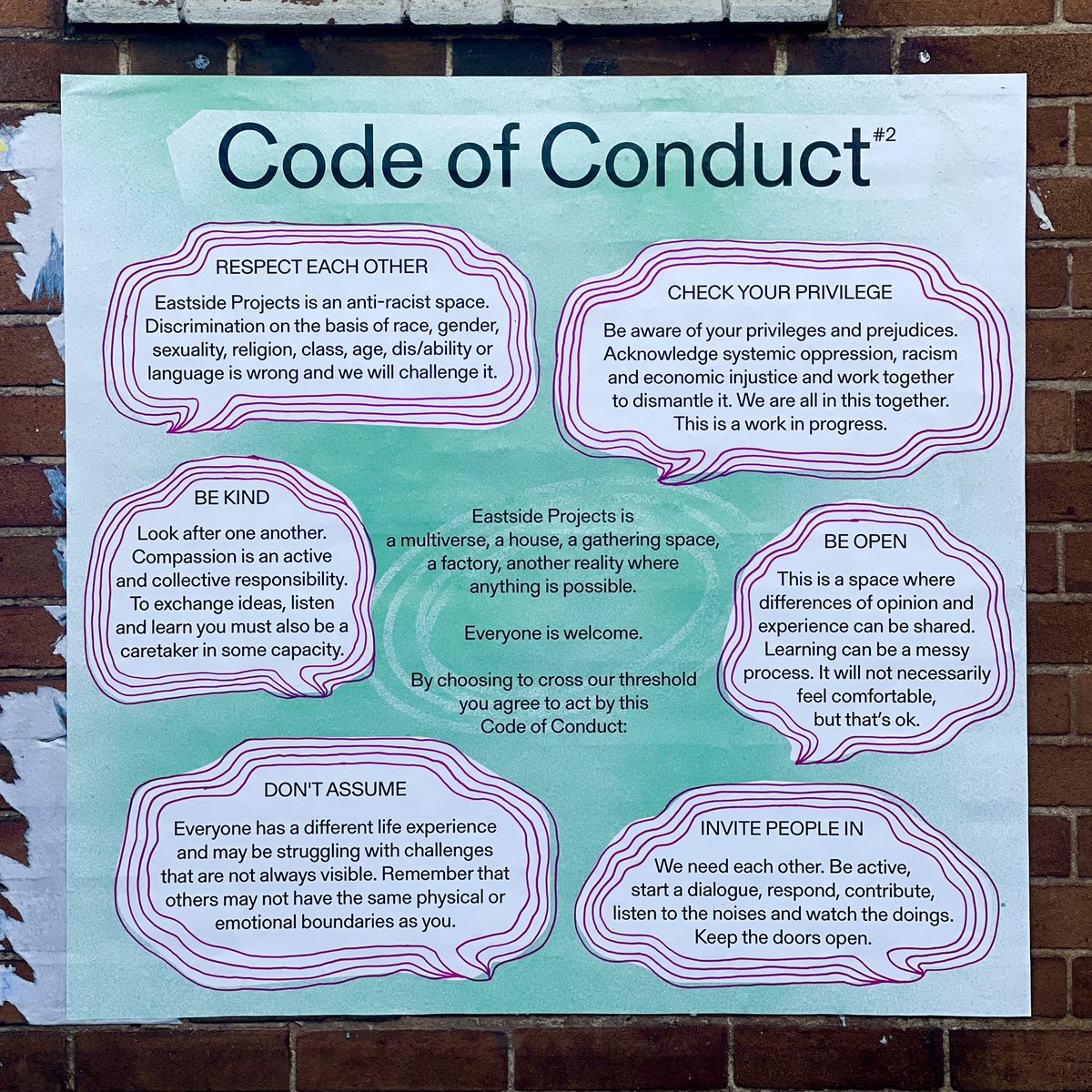 eprjcts's tweet photo. WELCOME 🗯️ 
INVITE PEOPLE IN 💭 

New Code of Conduct and Welcome posters up outside our building on Heath Mill Lane. 
#codeofconduct by @ruthclaxton @jazmor_ @tkilby @Gavin_Wade_ #timmills @BorbalaSoos building on work of those who came before. https://t.co/pOx7dHDqNg