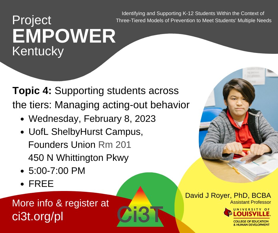 Free PD for educators near Louisville, KY! Free CEUs for BCBAs! Wednesday 2-8-23 from 5-7PM <a href="/uofl/">University of Louisville</a>  ShelbyHurst Campus. Come learn about preventing and managing the acting-out cycle of behavior and building a customized Tier 3 de-escalation plan. <a href="/JCPSKY/">JCPS</a> <a href="/GlecTeam/">Greater Louisville Education Cooperative (GLEC)</a> <a href="/CARDSNinja/">Tricia Bronger</a>