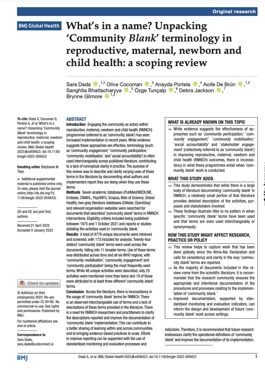Sara Dada (@dadasara3) on Twitter photo 🚨 New #ScopingReview from <a href="/GlobalHealthBMJ/">BMJ Global Health</a> 🚨
What do we mean when we say #CommunityEngagement or #SocialParticipation in #RMNCH? 🤔
Across 173 publications, 24 unique terms were used – however they were often used in conjunction or interchangeably.
📖 doi.org/bmjgh-2022-009… 🚨 New #ScopingReview from <a href="/GlobalHealthBMJ/">BMJ Global Health</a> 🚨
What do we mean when we say #CommunityEngagement or #SocialParticipation in #RMNCH? 🤔
Across 173 publications, 24 unique terms were used – however they were often used in conjunction or interchangeably.
📖 doi.org/bmjgh-2022-009…