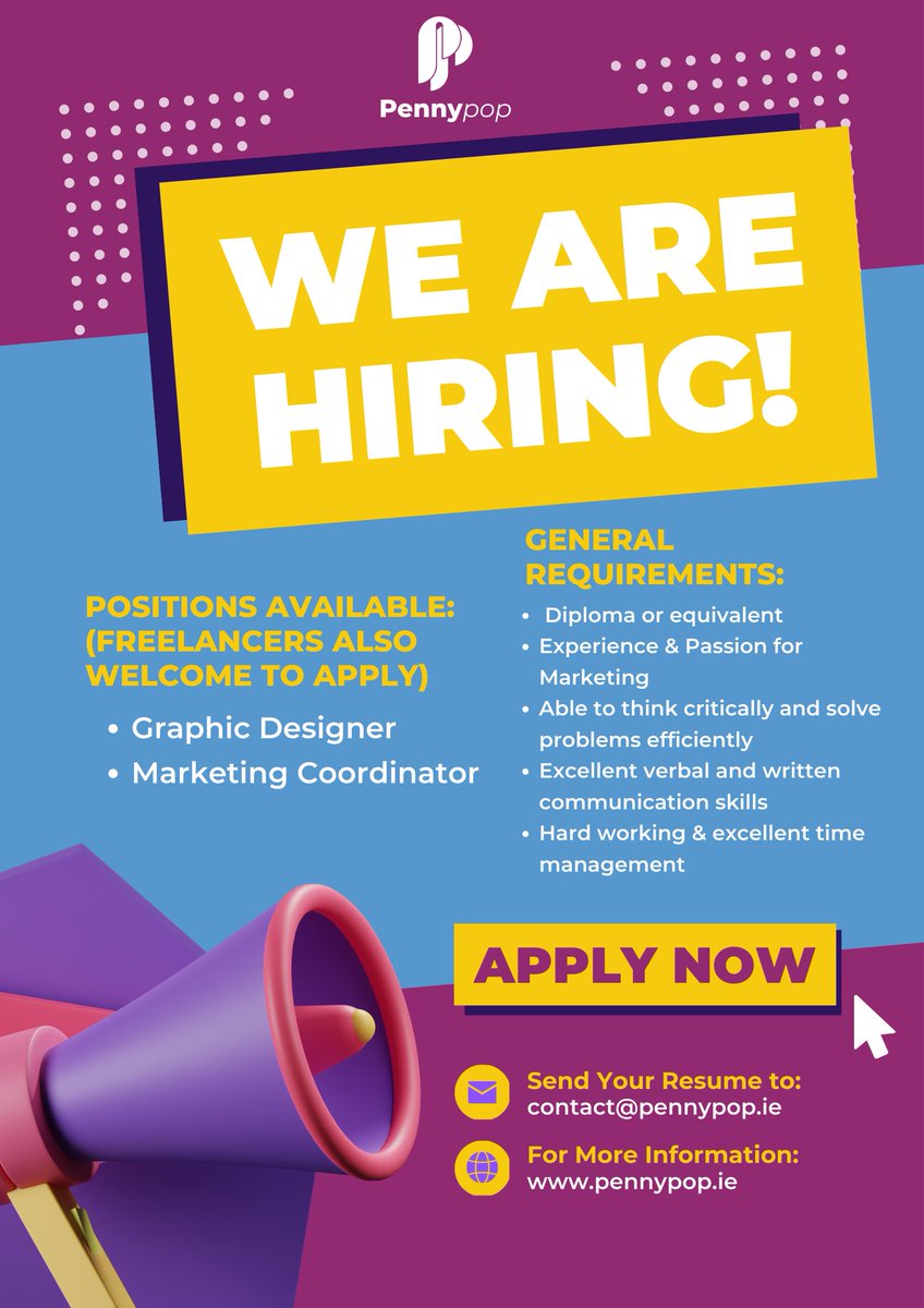 🎯 WE ARE HIRING!🎯
We're seeking a talented #GraphicDesigner & #Marketing Coordinator to join our dynamic & growing team. 

If you've a passion 4 design & a drive for bringing it to life with effective marketing, we want you!

Apply now 👉  pennypop.ie/careers/👈 
#louthjobs