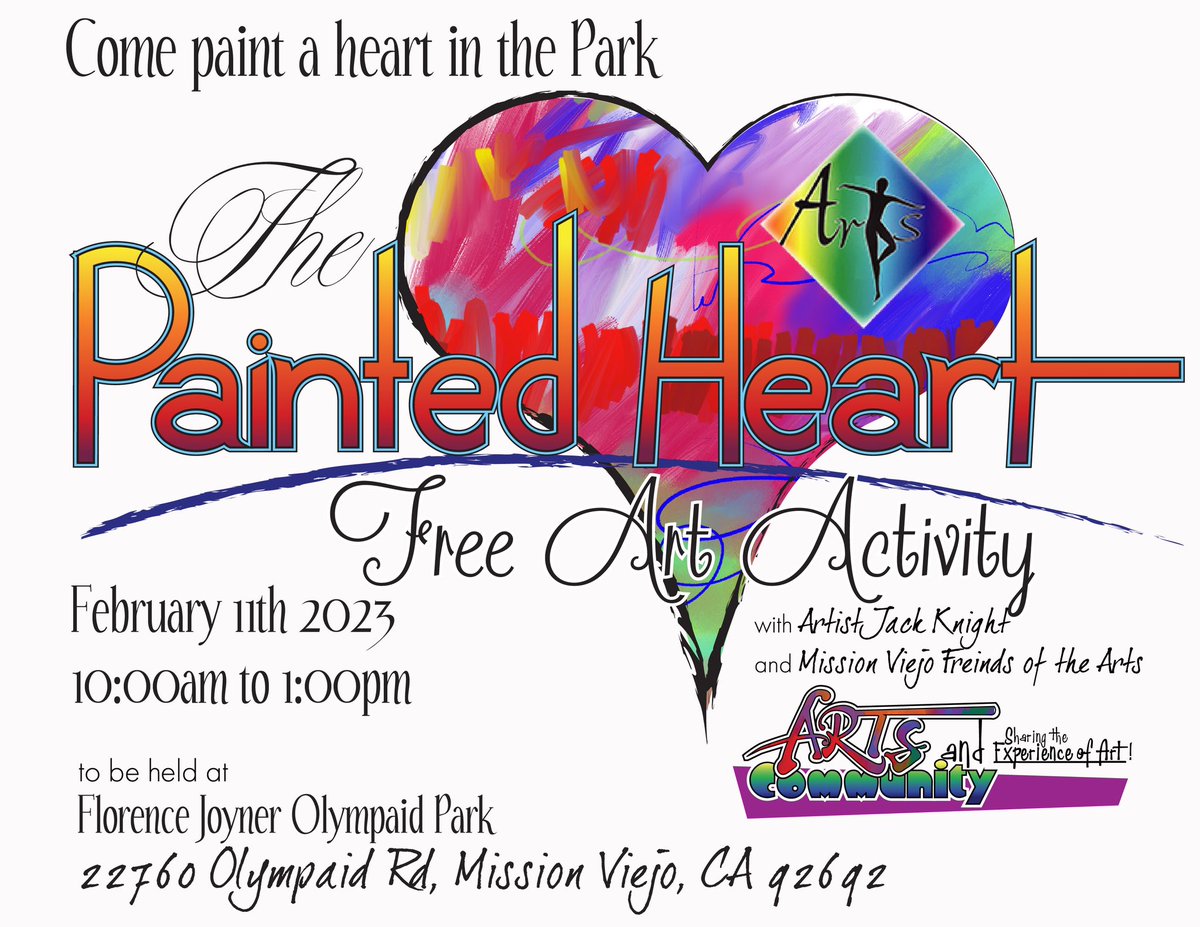jacktheartister's tweet image. Join us and paint a heart at our free heart painting event

February 11th
10:00am until 1:00pm
Florence Joyner Olympiad Park.
22760 Olympiad Rd, Mission Viejo, CA 92692

#heartpaint #paintedheart #painting #paintingevent #artevent #artsoc #JackKnight #artsandcommunity