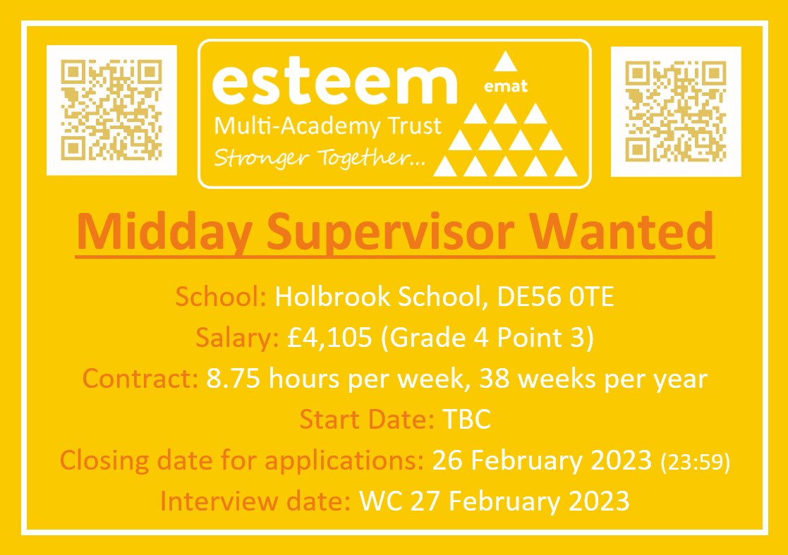 MIDDAY SUPERVISOR WANTED:
For info, trichards@holbrookautism.derbyshire.sch.uk
To apply, esteemmat.co.uk/jointheteam

#vacancies #derbyshire #derbyshirejobs #sendjobs #vacanciesuk #jobsuk #sendjobs #educationjobs #education #ukjobs #belperjobs